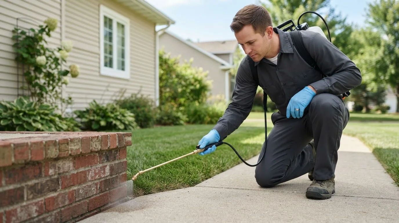 Pest control technician treating a home near Lisle, NY